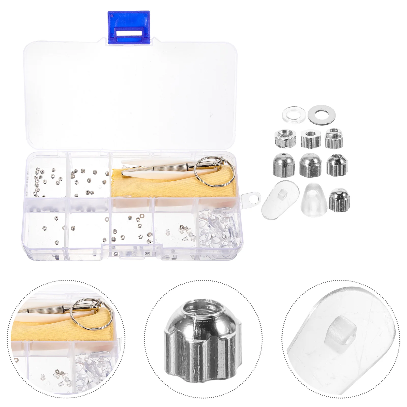 Nuts Screws Glasses Accessories Frame Repair Kit Tool Box Rimless Temples Gasket Parts Nose Pad (120 Set)
Nuts Screws Glasses Accessories Frame Repair Kit Tool Box Rimless Temples Gasket Parts Nose Pad (120 Set)