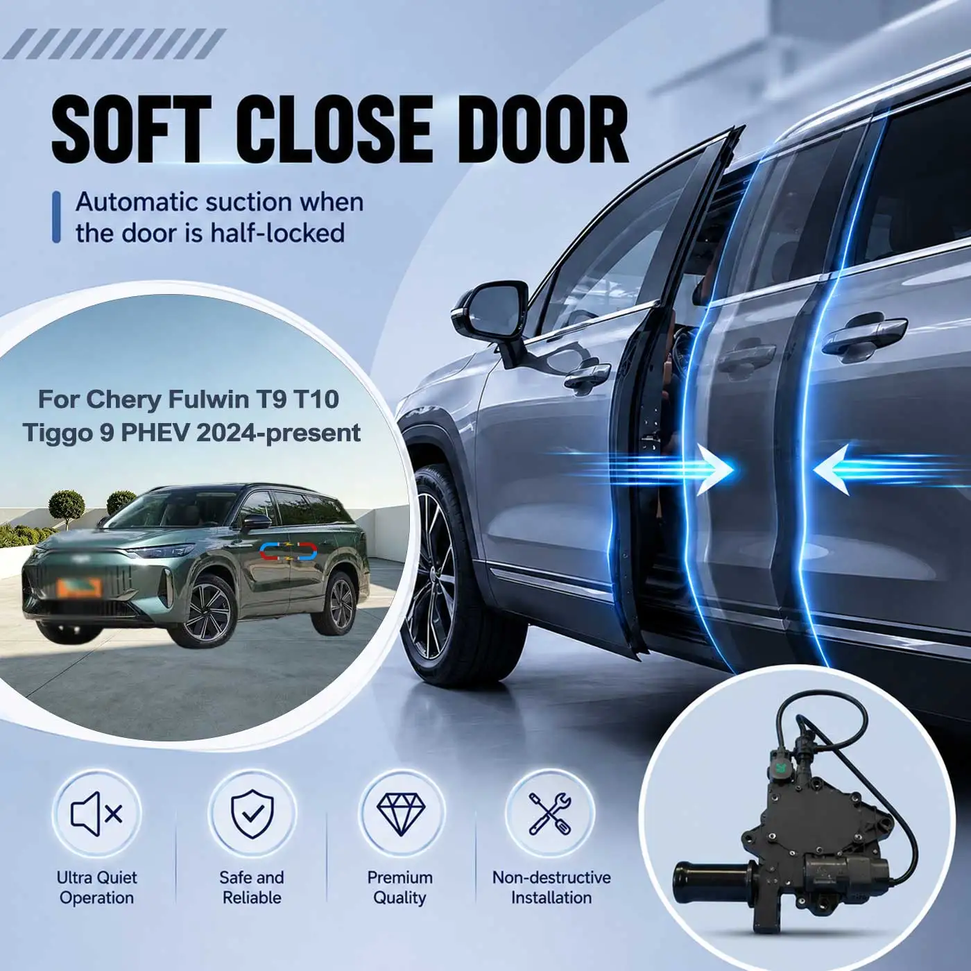 For Chery Fulwin T9 T10 Tiggo 9 PHEV 2024-2026+ Electric Soft Close Door Auto Pull-In Suction Lock Intelligent Silent Closer Kit
For Chery Fulwin T9 T10 Tiggo 9 PHEV 2024-2026+ Electric Soft Close Door Auto Pull-In Suction Lock Intelligent Silent Closer Kit