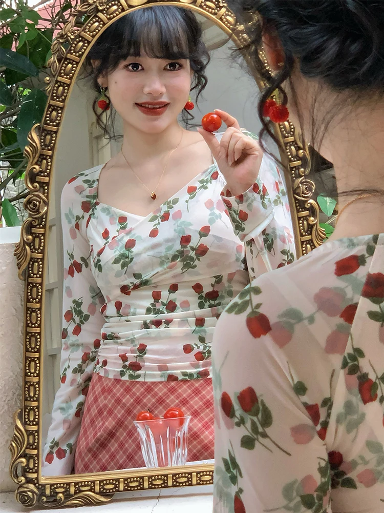 Red Rose Print Elastic Net Design Slim Fit T-Shirt Women's Short Style Retro Fashion Polyester Long Sleeve Top
Red Rose Print Elastic Net Design Slim Fit T-Shirt Women's Short Style Retro Fashion Polyester Long Sleeve Top