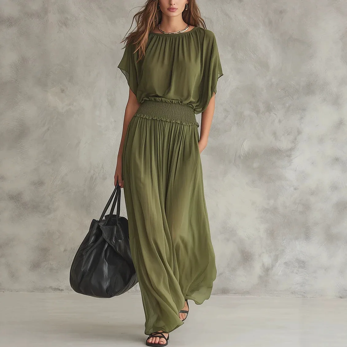 Women's Elegant Solid Chiffon Maxi Dress Round Neck Dolman Sleeve Smocked Waist Flow Long Dress For Daily Vacation Party Outfit
Women's Elegant Solid Chiffon Maxi Dress Round Neck Dolman Sleeve Smocked Waist Flow Long Dress For Daily Vacation Party Outfit