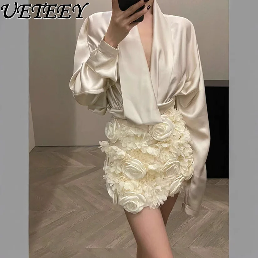 Celebrity Light Luxury Satin V-neck Pleated Waist Long-sleeved Top and Three-dimensional Flower A-word Short Skirt Two-piece Set
Celebrity Light Luxury Satin V-neck Pleated Waist Long-sleeved Top and Three-dimensional Flower A-word Short Skirt Two-piece Set