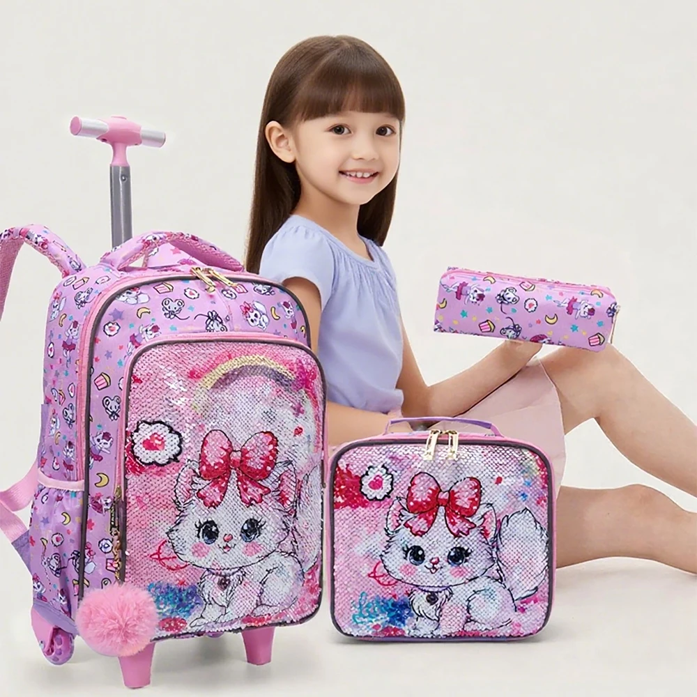 3PCS Kids travel bag, Luggage Bag, Bookbag with wheels, With Lunch Box And Pen Bag, Pink Cat sequin, Nighttime reflective
3PCS Kids travel bag, Luggage Bag, Bookbag with wheels, With Lunch Box And Pen Bag, Pink Cat sequin, Nighttime reflective