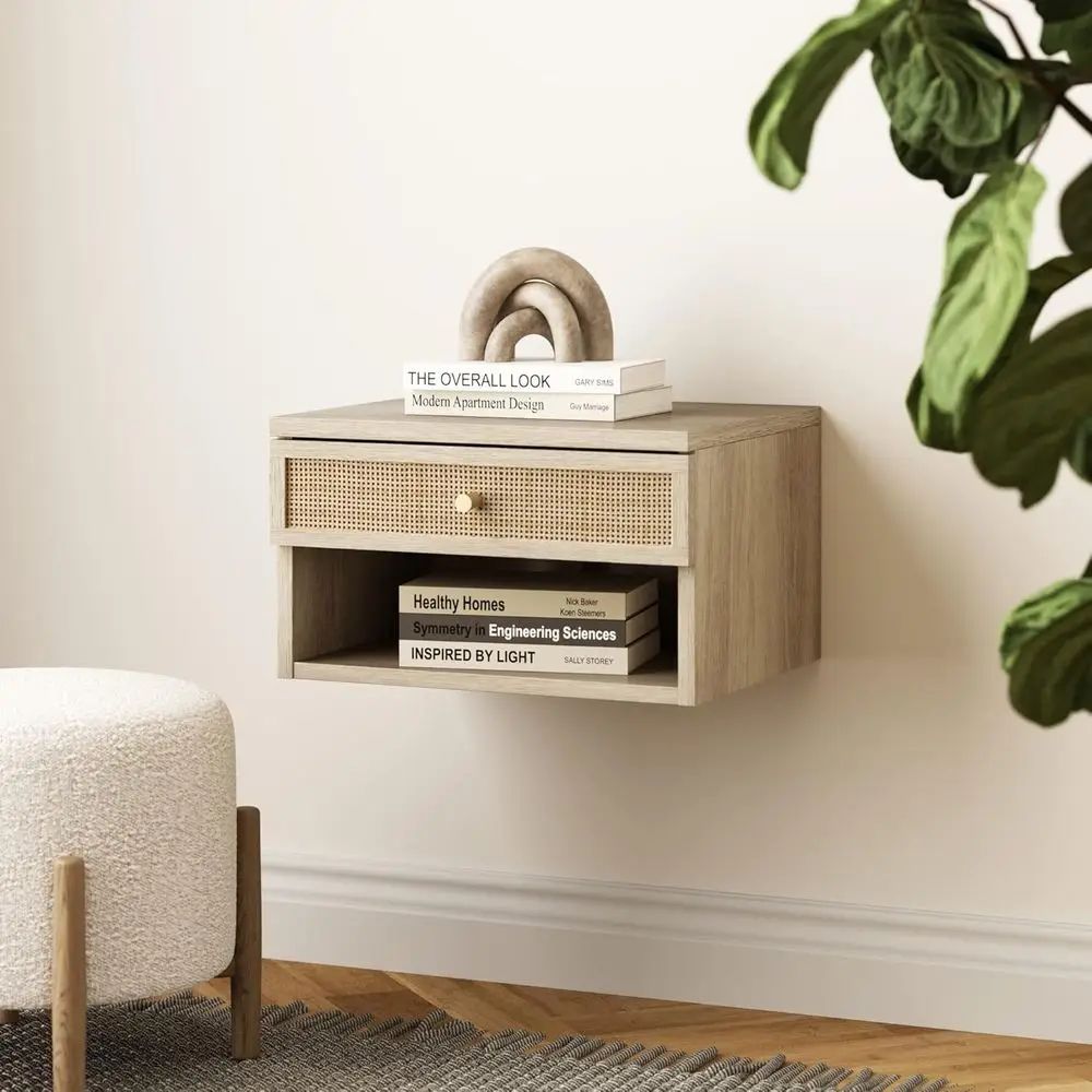 Rattan Floating Nightstand for Bedroom with Storage Shelf and Drawer, Light Oak/Rattan Finish
Rattan Floating Nightstand for Bedroom with Storage Shelf and Drawer, Light Oak/Rattan Finish