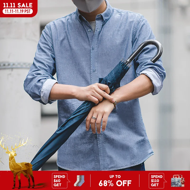 Maden Vintage Brushed Long-sleeve Shirts for Men Light Blue Cotton Turn-down Collar Oxford Shirt Male Casual Outerwear Shirts