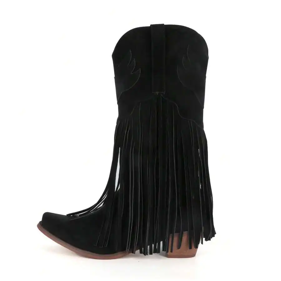 Women Black Fringe Western Boots Mid Calf Pointed Toe Chunky Heel Slip-On Cowgirl Boots
Women Black Fringe Western Boots Mid Calf Pointed Toe Chunky Heel Slip-On Cowgirl Boots
