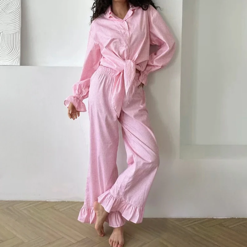 Pink Pajamas Plaid Ruffles Long Sleeve Lapel Shirt Lace Up Pant Trousers 2 Two Pieces Set Suit Homewear Women Loungerwear Summer
Pink Pajamas Plaid Ruffles Long Sleeve Lapel Shirt Lace Up Pant Trousers 2 Two Pieces Set Suit Homewear Women Loungerwear Summer