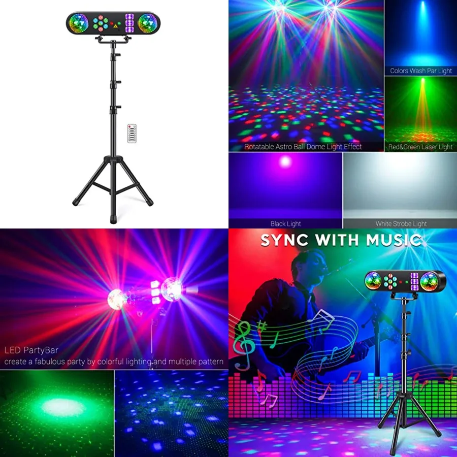 DJ Lights with Stand, 5 in 1 Party Bar Light Set with Rotating Ball, Strobe, UV, Colorful LED Par Light and Pattern, Sound Acti
DJ Lights with Stand, 5 in 1 Party Bar Light Set with Rotating Ball, Strobe, UV, Colorful LED Par Light and Pattern, Sound Acti