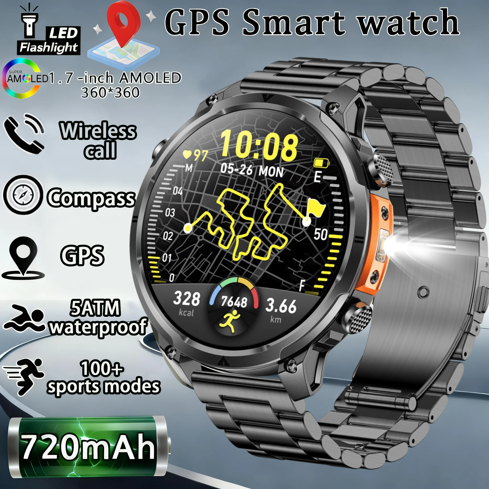 New men's GPS smartwatch 720mah1.7inch HDscreen wirelesscall 5ATM waterproof 100+Sport LEDflashlight compass barometric altitude
New men's GPS smartwatch 720mah1.7inch HDscreen wirelesscall 5ATM waterproof 100+Sport LEDflashlight compass barometric altitude