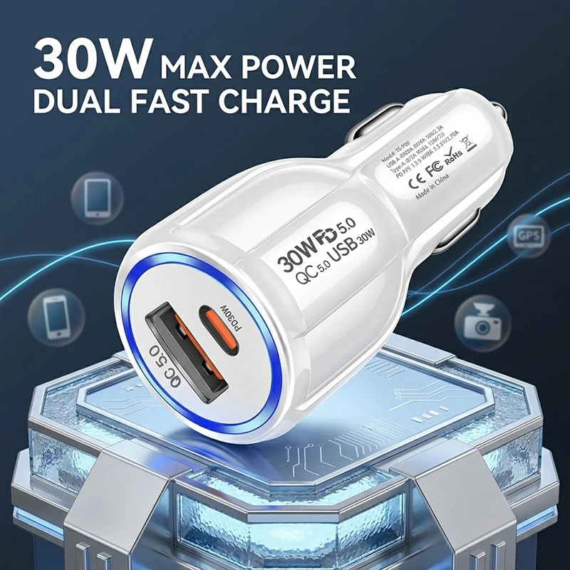 30W Fast Car Charger Dual Port USB C PD QC 5.0 Adapter with Blue LED Ring Stable Contact For Phones Tablets Dash Cams For iPhone
30W Fast Car Charger Dual Port USB C PD QC 5.0 Adapter with Blue LED Ring Stable Contact For Phones Tablets Dash Cams For iPhone