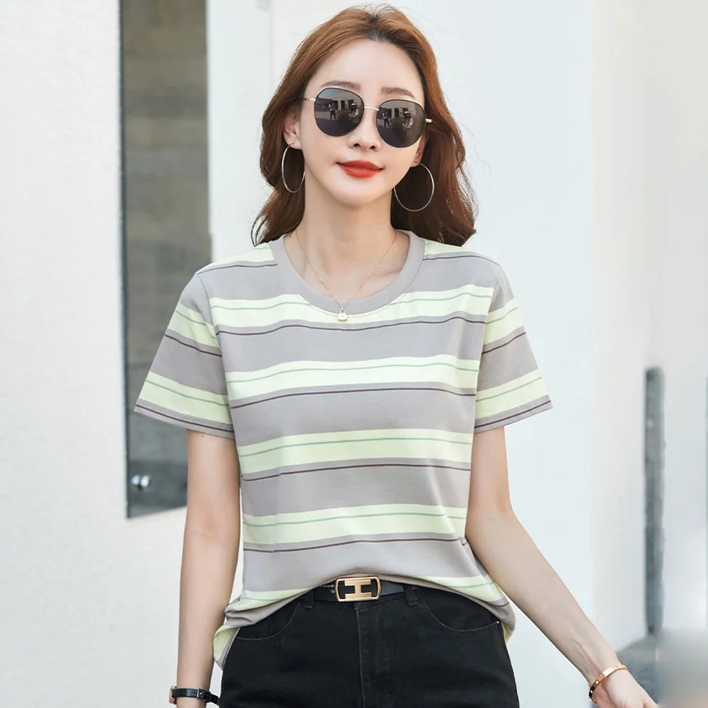 New Women Striped T-shirt Summer Fashion O-Neck Short Sleeve Contrast Color T-shirt Casual Simplicity Loose Cotton T-shirt
New Women Striped T-shirt Summer Fashion O-Neck Short Sleeve Contrast Color T-shirt Casual Simplicity Loose Cotton T-shirt