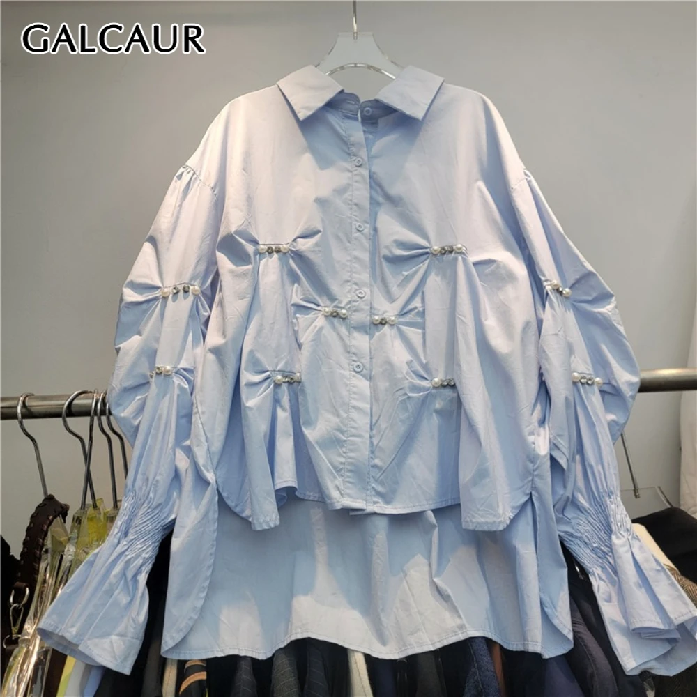 GALCAUR Blue Spliced Beads Chic Shirt Female Lapel Long Sleeve Loose Korean Irregular Women's Shirts Autumn Fashion Style New
GALCAUR Blue Spliced Beads Chic Shirt Female Lapel Long Sleeve Loose Korean Irregular Women's Shirts Autumn Fashion Style New