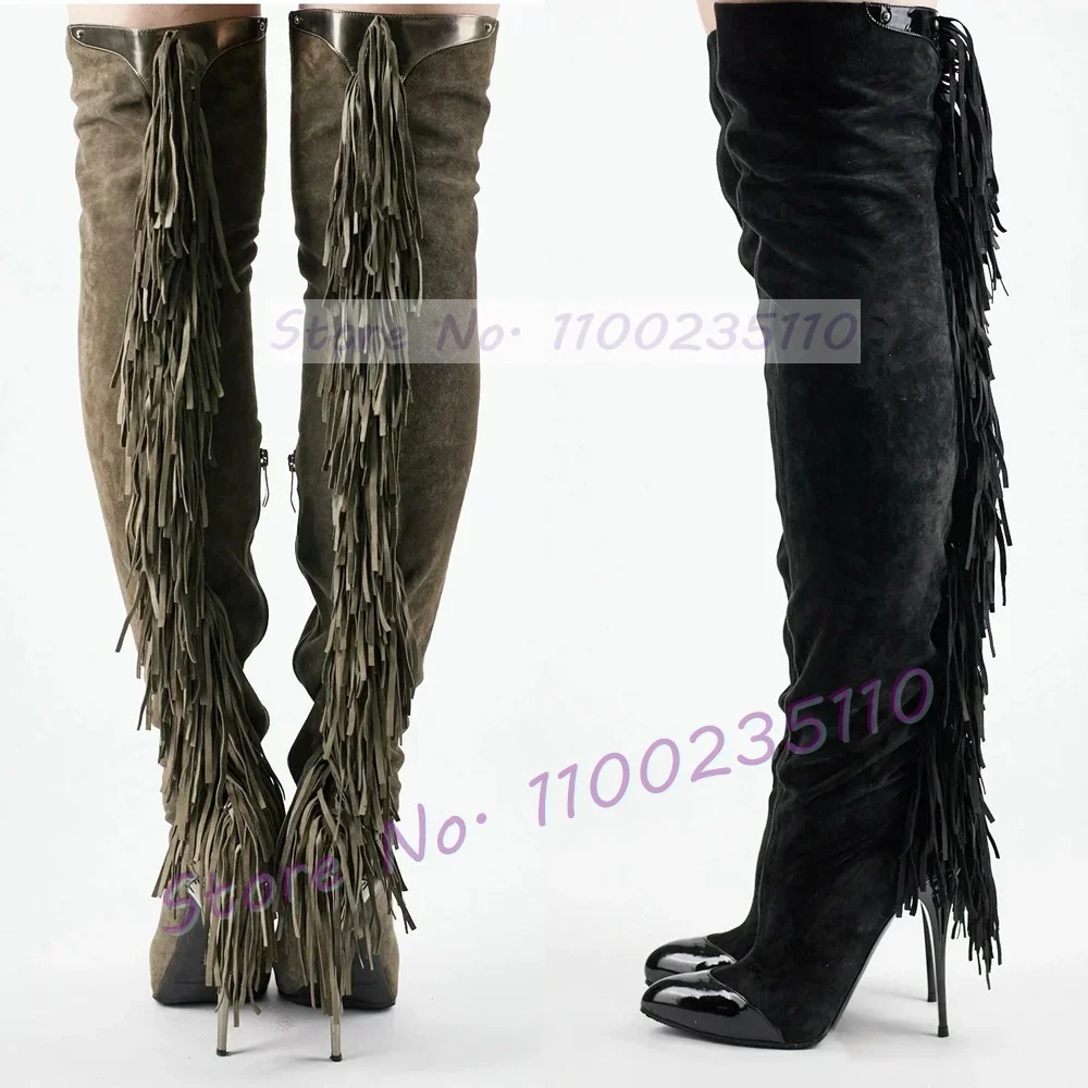 Grey Tassel Long Stretch Boots Women Sexy Round Toe Flock Leather Splicing Thin High Heels Fashion Fringes Thigh High Boots
Grey Tassel Long Stretch Boots Women Sexy Round Toe Flock Leather Splicing Thin High Heels Fashion Fringes Thigh High Boots