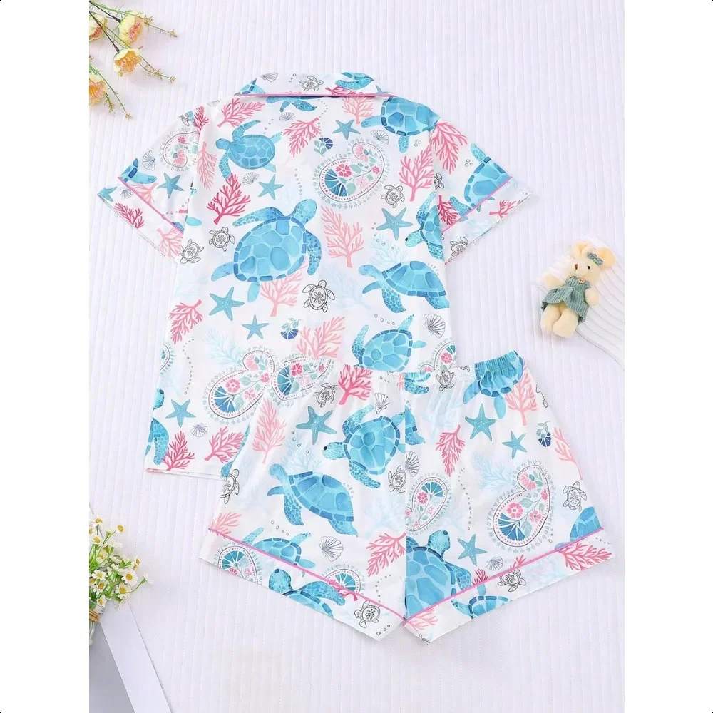 Marira Turtle & Sea Element 2Pcs Pajama Set, Lapel Button Top & Elastic Shorts, All Season Women Loungewear
Marira Turtle & Sea Element 2Pcs Pajama Set, Lapel Button Top & Elastic Shorts, All Season Women Loungewear