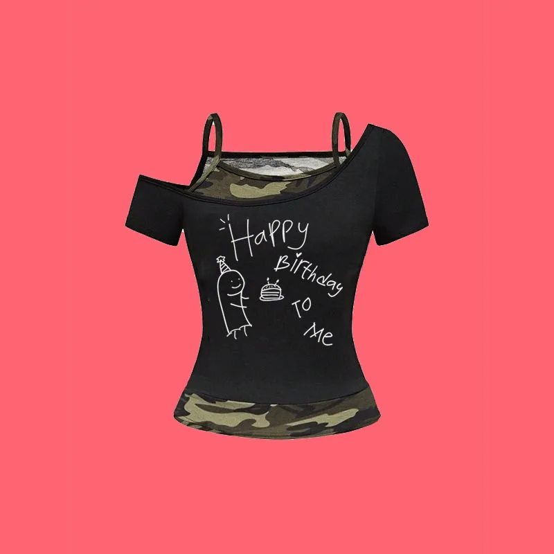 Retro trendy women's T-shirt slim fit short sleeved fake two-piece contrasting printed short suspender aesthetic clothing
Retro trendy women's T-shirt slim fit short sleeved fake two-piece contrasting printed short suspender aesthetic clothing