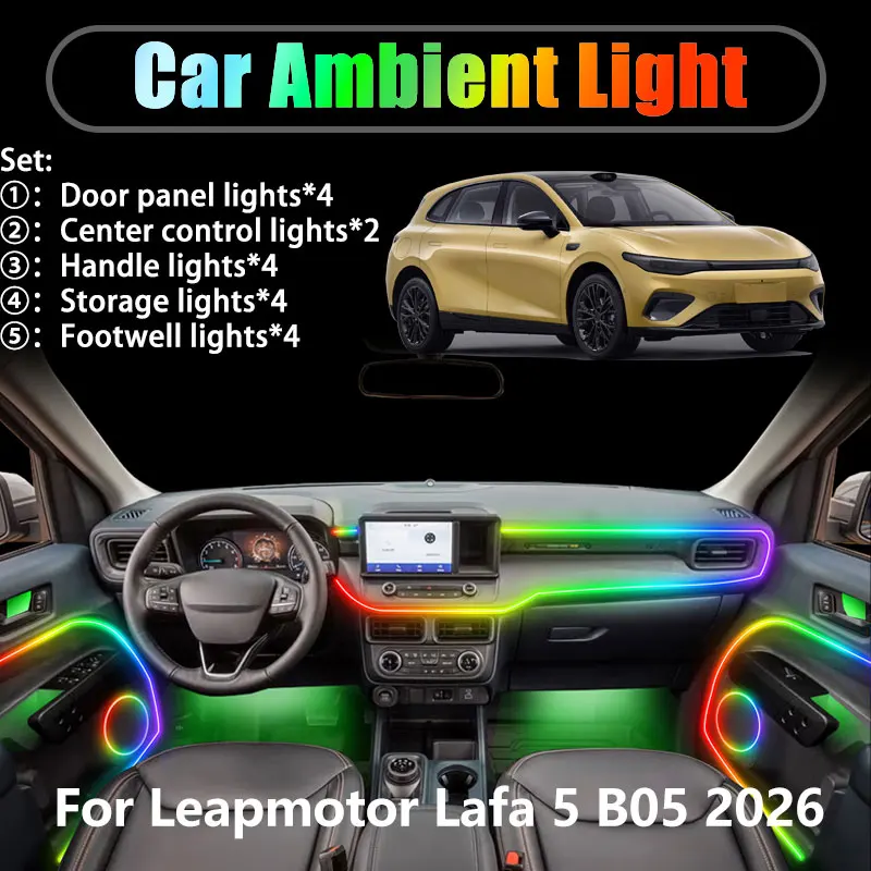 For Leapmotor Lafa 5 B05 2026 2/18 in 1 Car ambient lighting Led trunk interior led lights USB RGB Ensemble Streamer Auto Parts
For Leapmotor Lafa 5 B05 2026 2/18 in 1 Car ambient lighting Led trunk interior led lights USB RGB Ensemble Streamer Auto Parts