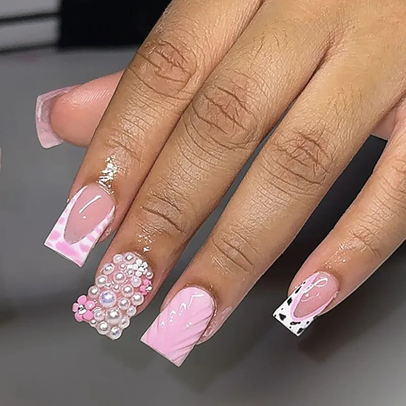 24Pcs Medium Coffin Press-on Nails: 3D Pink Water Waves with High-Shine Glitter, Pearls & Red Florals
24Pcs Medium Coffin Press-on Nails: 3D Pink Water Waves with High-Shine Glitter, Pearls & Red Florals