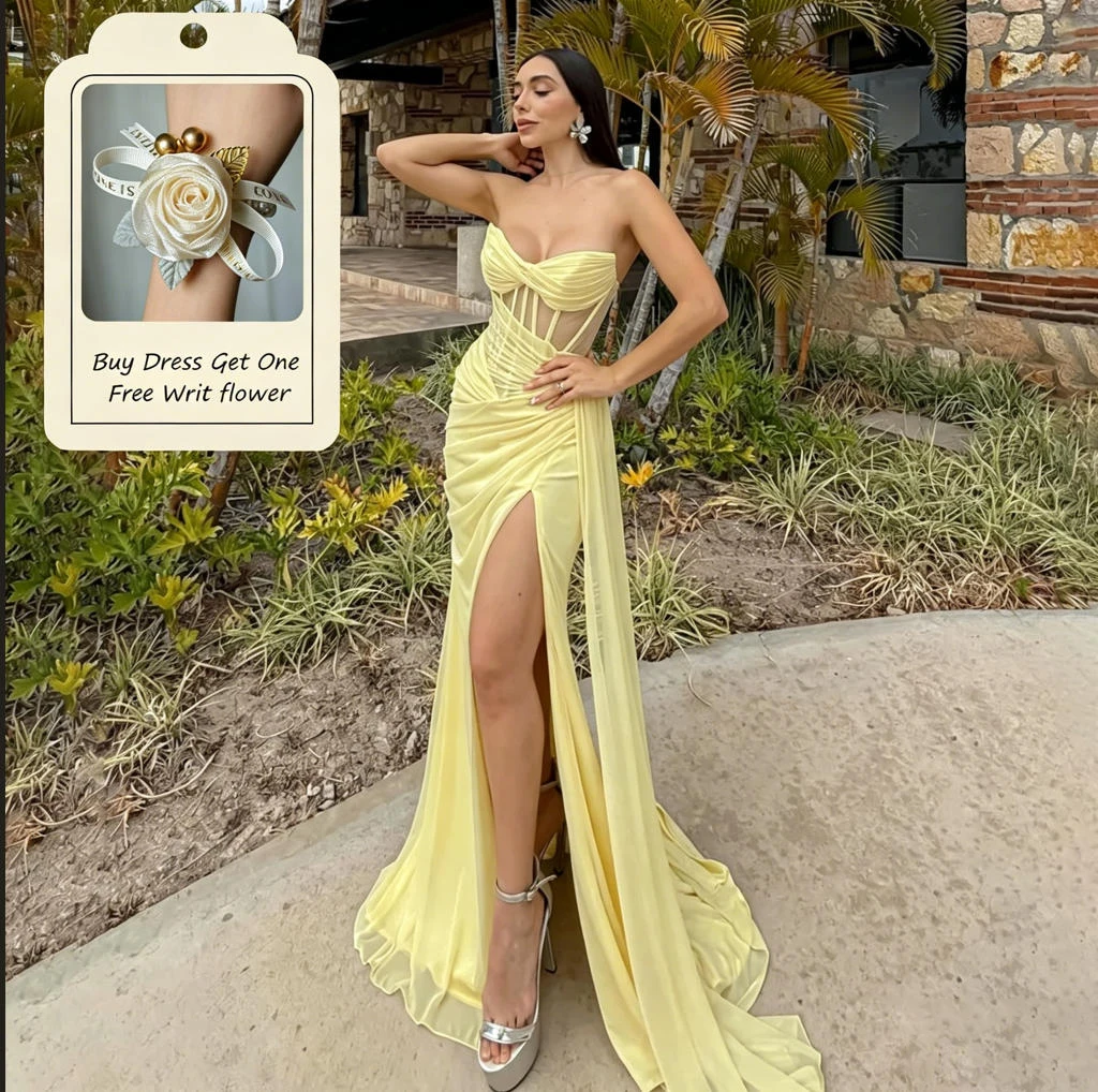 Eightale 2025 Yellow Chiffon Mermaid Evening Dress Saudi Arabic Sweetheart High Slit Prom Party Dress Formal Gowns Customized
Eightale 2025 Yellow Chiffon Mermaid Evening Dress Saudi Arabic Sweetheart High Slit Prom Party Dress Formal Gowns Customized