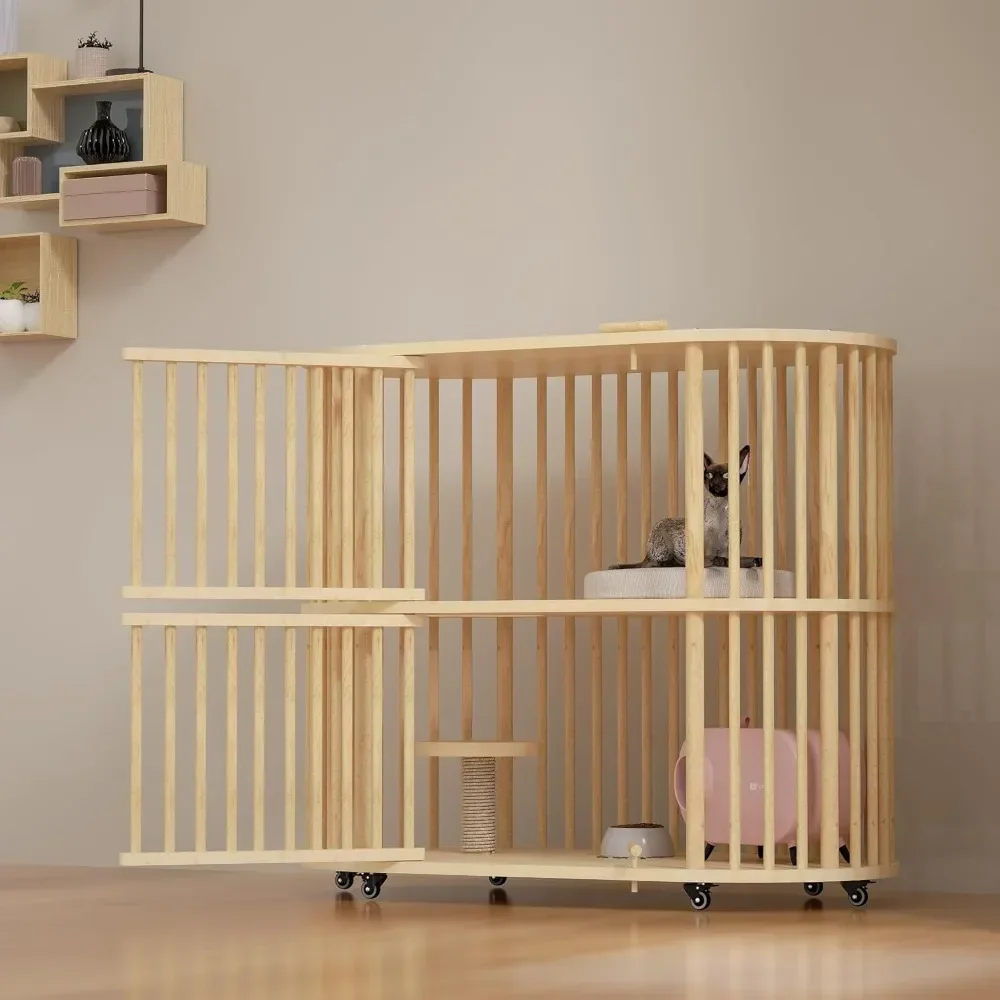Large Wooden Cat Cage with Rolling Wheels, 2-Tier Indoor Cat Enclosure for Multiple Cats, Sisal Jumping Platform, Natural Wood
Large Wooden Cat Cage with Rolling Wheels, 2-Tier Indoor Cat Enclosure for Multiple Cats, Sisal Jumping Platform, Natural Wood