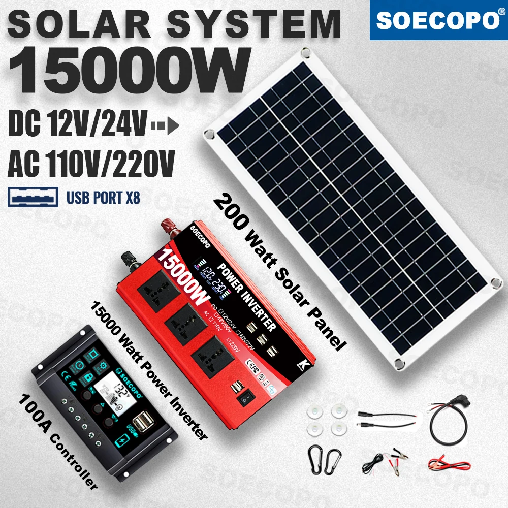 SOECOPO 15000W Peak Solar System Kit 200W Panel 100A Controller 12V/24V To 110V 220V Inverter Generator for Camp Home Charger
SOECOPO 15000W Peak Solar System Kit 200W Panel 100A Controller 12V/24V To 110V 220V Inverter Generator for Camp Home Charger
