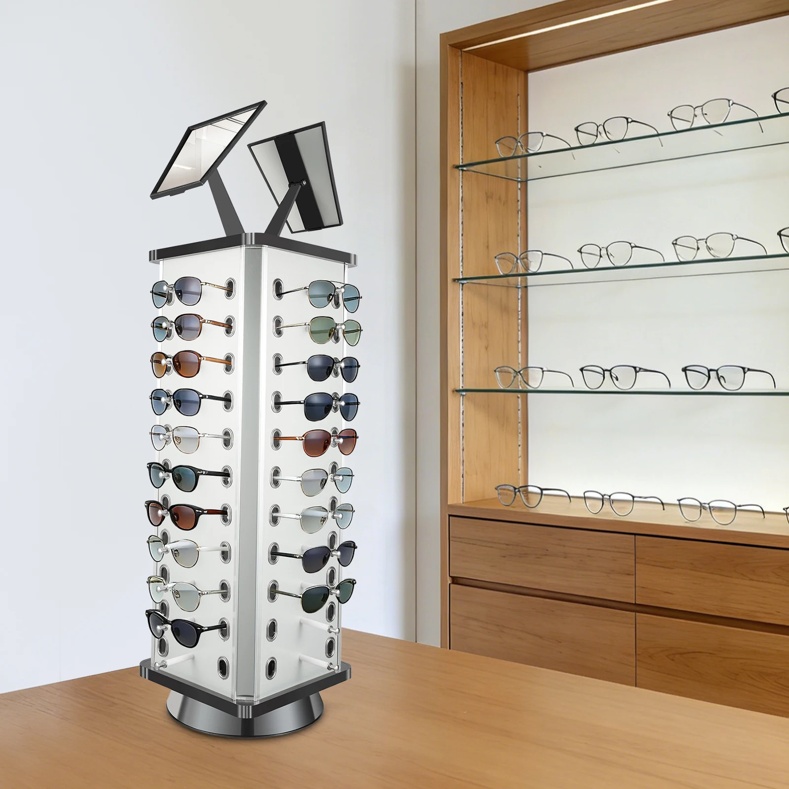 44 Pairs Rotating Eyeglasses Display Stand, 22.04lbs Load Sunglass Holder With 2 Mirrors For Optical Shop Home Sunglasses
44 Pairs Rotating Eyeglasses Display Stand, 22.04lbs Load Sunglass Holder With 2 Mirrors For Optical Shop Home Sunglasses