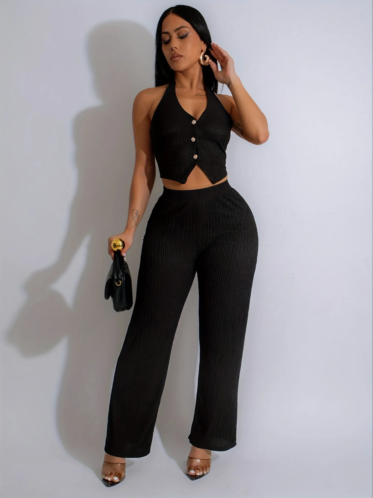 New Fashionable Casual Suit for Women Pure Color V-Neck Halter Suit Vest Wide-Leg Pants Two-Piece Set
New Fashionable Casual Suit for Women Pure Color V-Neck Halter Suit Vest Wide-Leg Pants Two-Piece Set