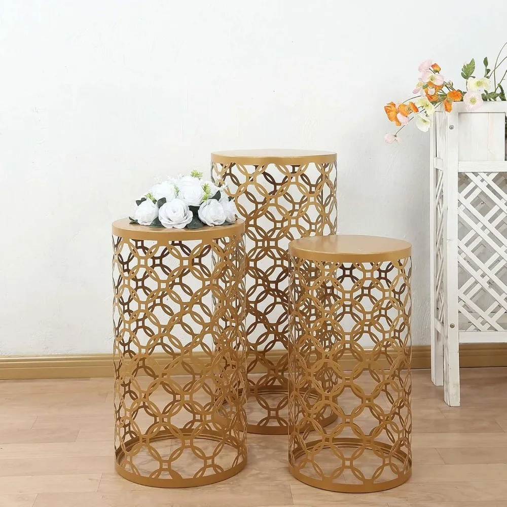 Tableclothsfactory Set of 3 Gold Metal Cylinder Plinth Pedestal Stands, Round Mesh Pillar Cake Display Stand in Hollow Overlappi
Tableclothsfactory Set of 3 Gold Metal Cylinder Plinth Pedestal Stands, Round Mesh Pillar Cake Display Stand in Hollow Overlappi