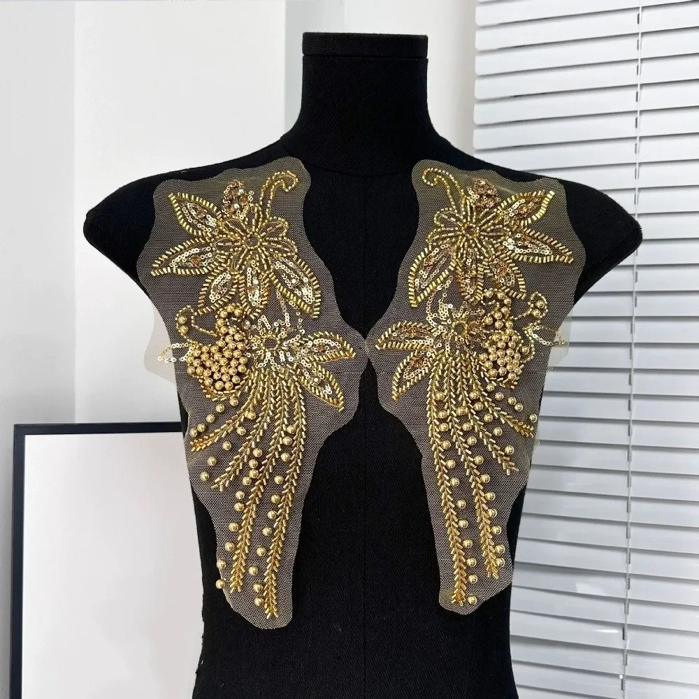Handmade Nail Beads Clothing Applique Gold Embroidery Sequin Clothes Patches Luxury Mesh Fabric DIY Collar Flower Sewing
Handmade Nail Beads Clothing Applique Gold Embroidery Sequin Clothes Patches Luxury Mesh Fabric DIY Collar Flower Sewing