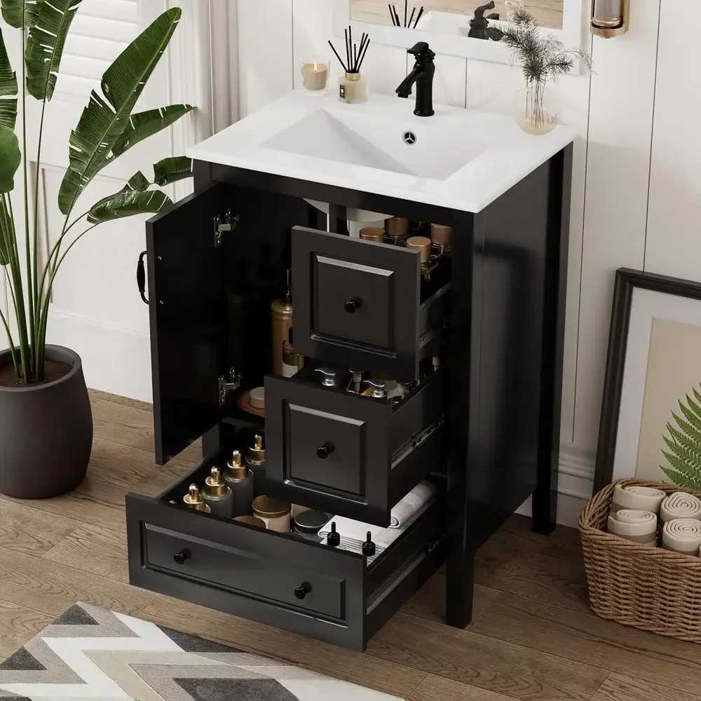 24" Bathroom Vanity with Sink, ree Standing Single Vanity Set with 3 Ders and One Door, Solid Wood Storage Cabinet with Ceic Bas
24" Bathroom Vanity with Sink, ree Standing Single Vanity Set with 3 Ders and One Door, Solid Wood Storage Cabinet with Ceic Bas