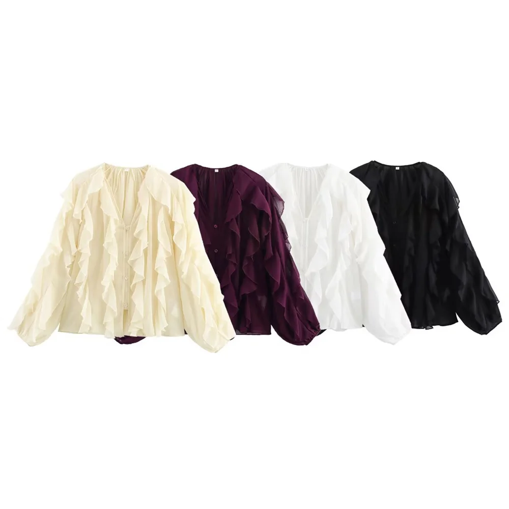 Taop&Za women's ruffle edge layered decoration V-neck long sleeved shirt for spring and summer new style solid color top
Taop&Za women's ruffle edge layered decoration V-neck long sleeved shirt for spring and summer new style solid color top