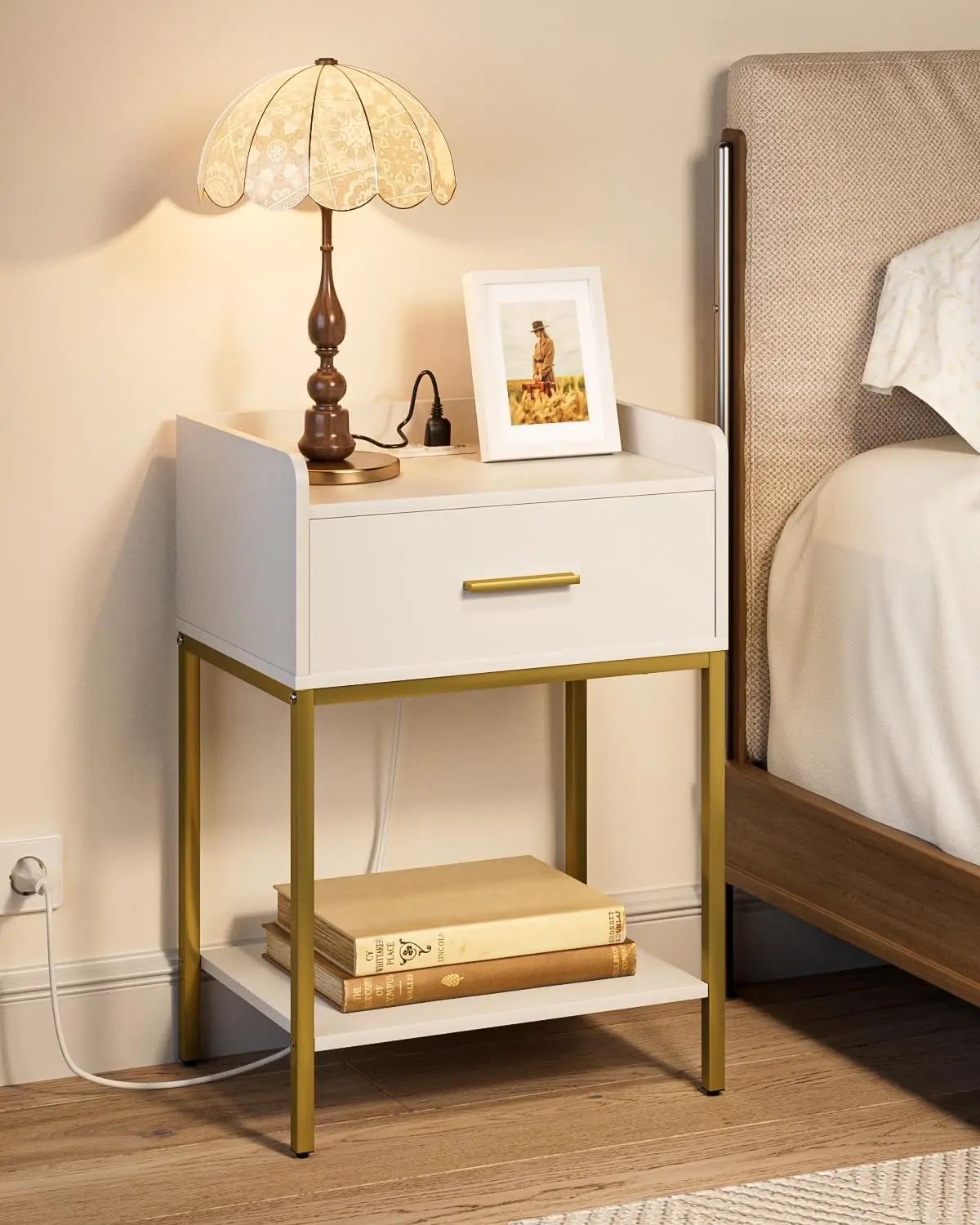 Modern Nightstand with Charging Station, 3-Tier Storage Drawer and Shelf for Bedroom or Living Room, White
Modern Nightstand with Charging Station, 3-Tier Storage Drawer and Shelf for Bedroom or Living Room, White