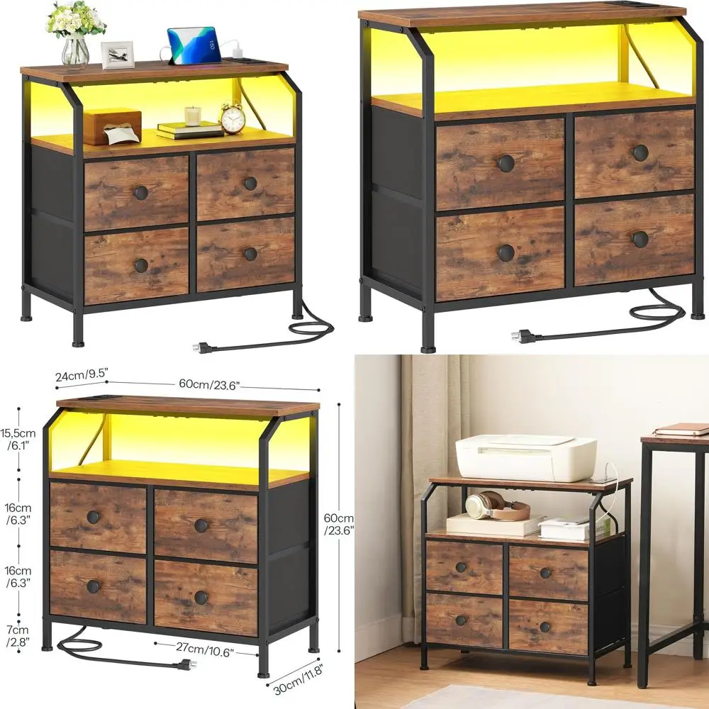 Rustic Black & Brown Bedside Table with LED Light Strip, Charging Station, 4 Drawers & 2 Shelves
Rustic Black & Brown Bedside Table with LED Light Strip, Charging Station, 4 Drawers & 2 Shelves