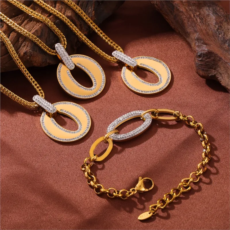 Trendy Circle Pendant Necklace Bracelet For Women Stainless Steel Hollow Round Gold Plated Mesh Chain Women Zircon Jewelry Sets
Trendy Circle Pendant Necklace Bracelet For Women Stainless Steel Hollow Round Gold Plated Mesh Chain Women Zircon Jewelry Sets