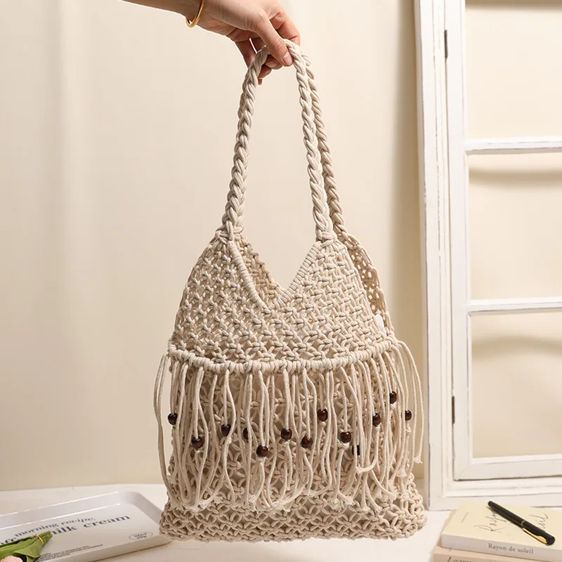 Сумка через плечо из хлопковой нити с ажурным узором и бисером, повседневная вместительная сумка, модная пляжная сумка с кисточками
Сумка через плечо из хлопковой нити с ажурным узором и бисером, повседневная вместительная сумка, модная пляжная сумка с кисточками