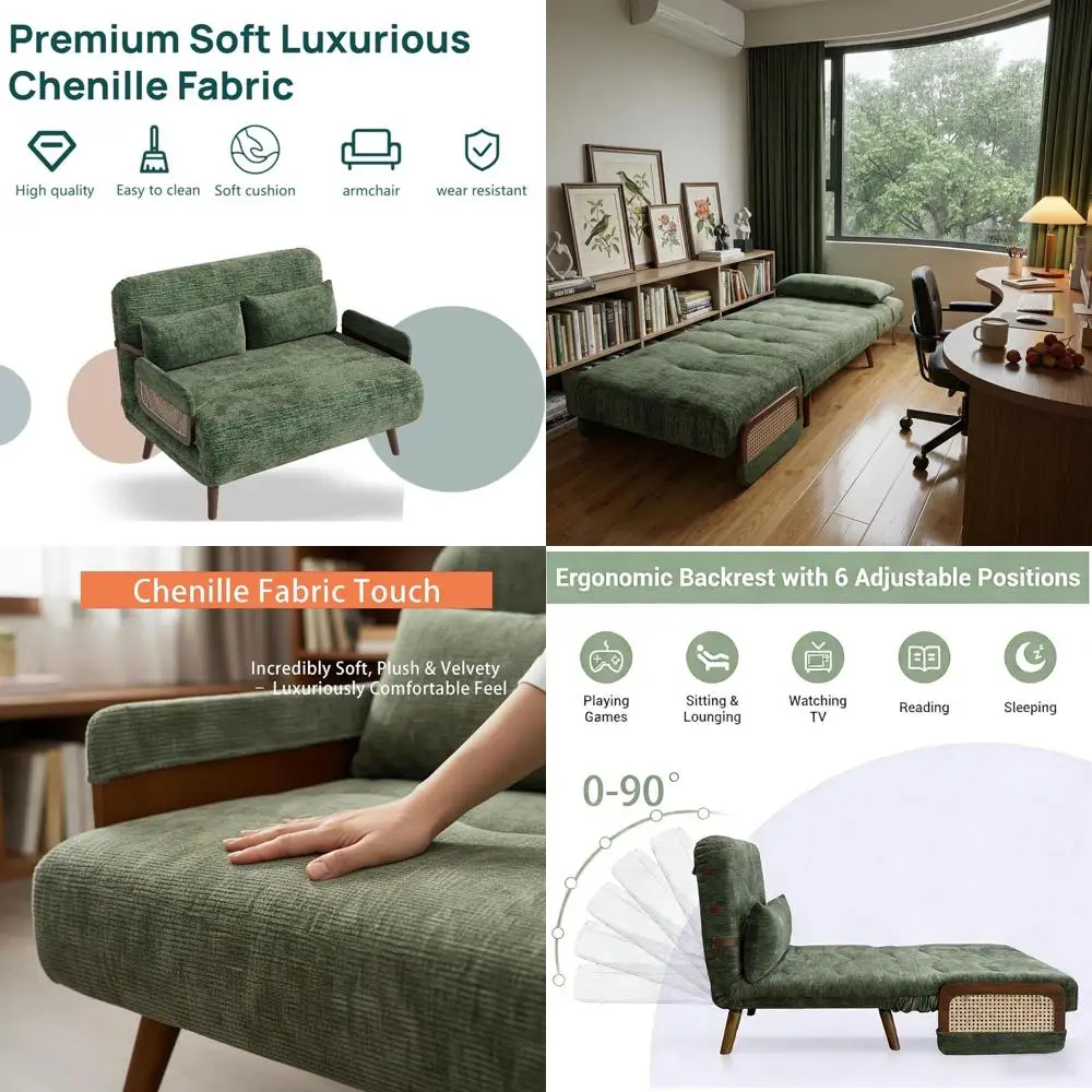 3-in-1 Convertible Sleeper Chair, Chenille Fabric Armchair with 5-Level Backrest, Sofa Couch Bed for Small Spaces, Green
3-in-1 Convertible Sleeper Chair, Chenille Fabric Armchair with 5-Level Backrest, Sofa Couch Bed for Small Spaces, Green