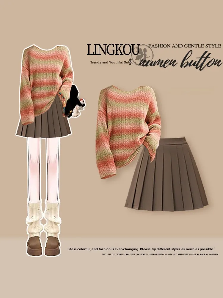Large Size Autumn College Style Set Women's Korean Stripe round Neck Sweater High Waist Pleated Short Skirt Two Piece Set
Large Size Autumn College Style Set Women's Korean Stripe round Neck Sweater High Waist Pleated Short Skirt Two Piece Set