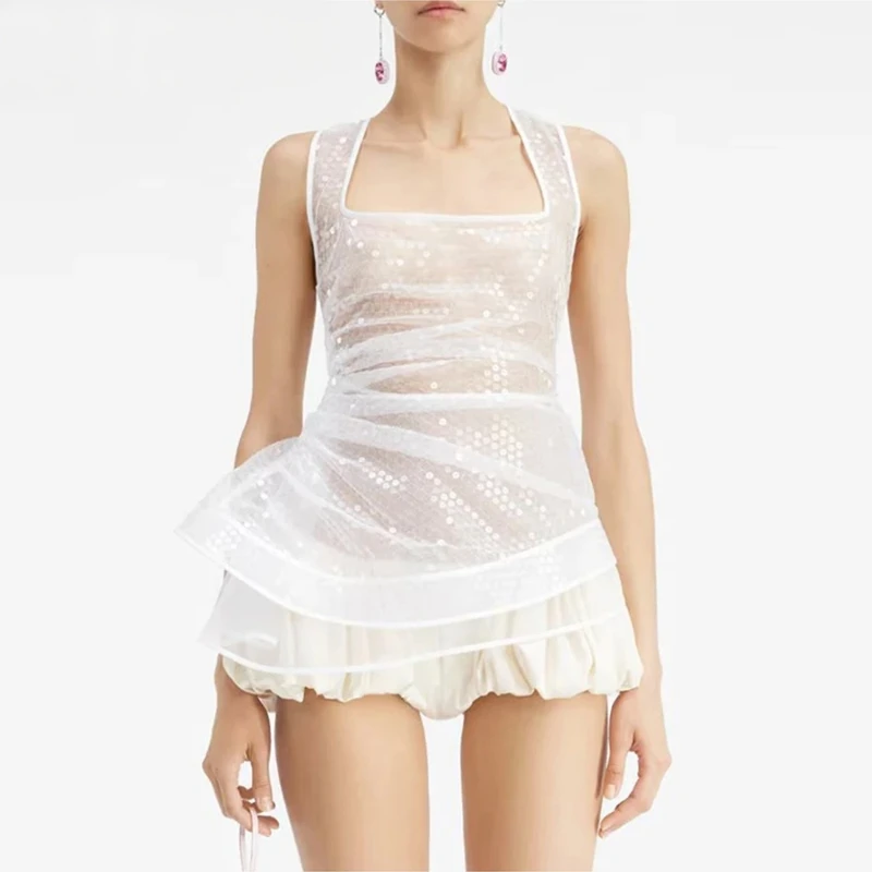 Однотонные прозрачные модные жилеты с блестками для женщин, квадратный вырез без рукавов, лоскутный складной темпераментный жилет, женский 
Однотонные прозрачные модные жилеты с блестками для женщин, квадратный вырез без рукавов, лоскутный складной темпераментный жилет, женский