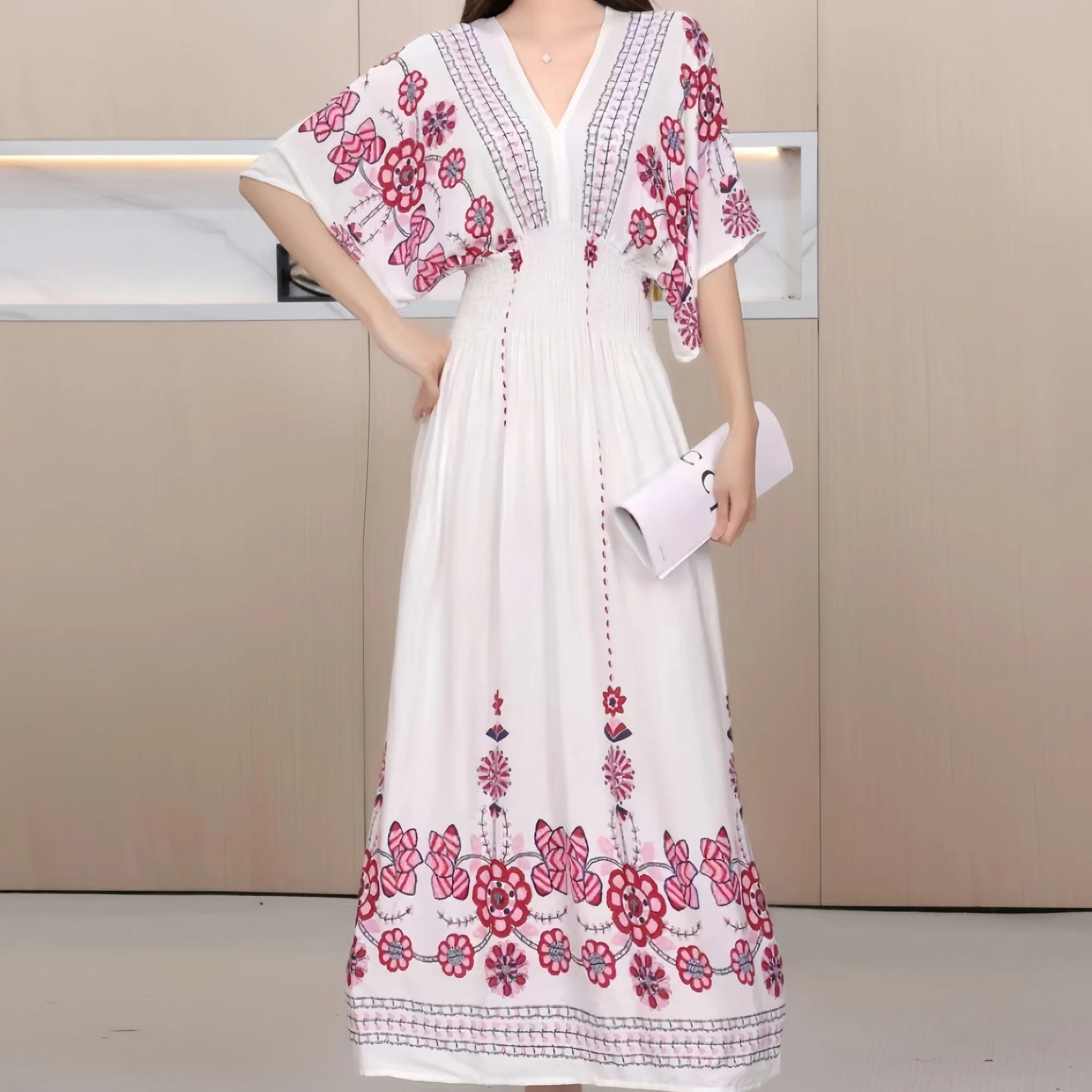 2025 Bohemia Sweet Casual Elegant Print Floral Midi Dress V-neck Slash Neck Short Sleeve Elastic Waist Large Hem Holiday Dress
2025 Bohemia Sweet Casual Elegant Print Floral Midi Dress V-neck Slash Neck Short Sleeve Elastic Waist Large Hem Holiday Dress
