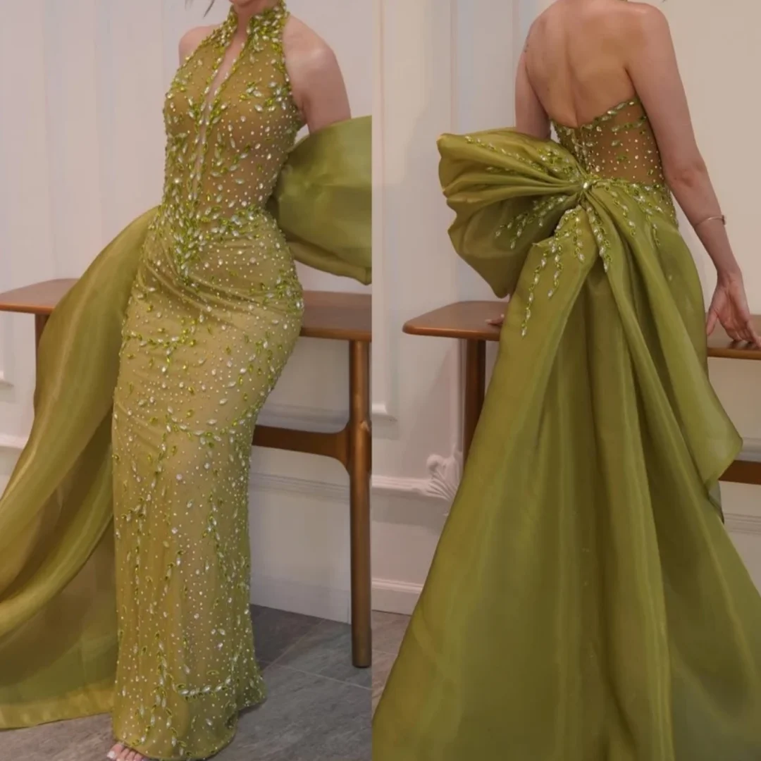 Изысканное вечернее платье из тюля с лямкой на шее, сексуальное коктейльное платье с открытой спиной, темпераментное платье со шлейфом для особых случаев по индивидуальному заказу