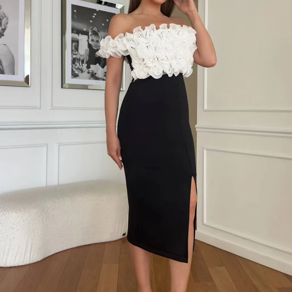 Customized Jersey Sleeveless Tea Length Boat Neck Ruffles Pleats Off the Shoulder Front Slit Straight Graceful and Delicate Even
Customized Jersey Sleeveless Tea Length Boat Neck Ruffles Pleats Off the Shoulder Front Slit Straight Graceful and Delicate Even