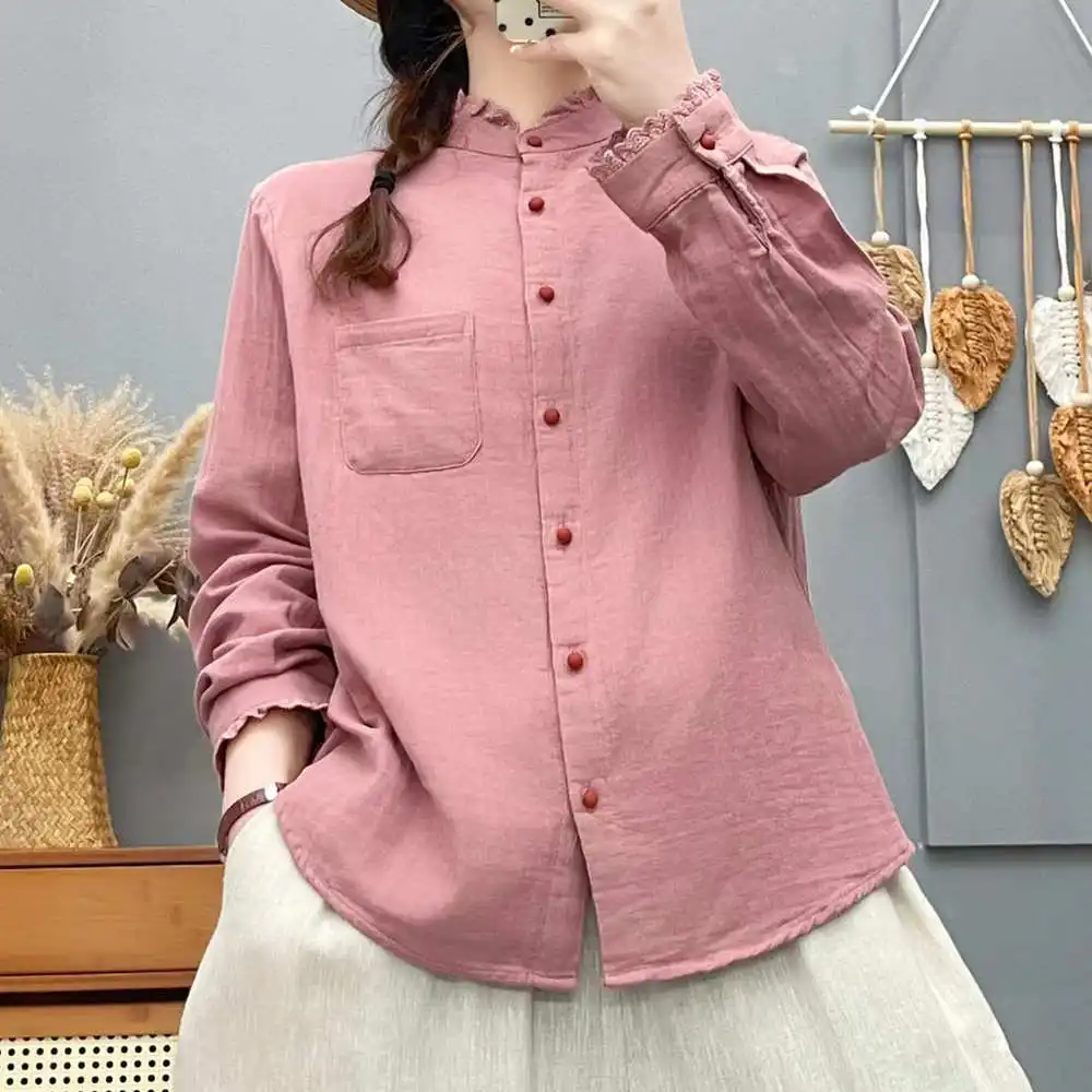 Loose Women's Cotton Linen Shirt Double Layer Pure Color Stand Collar Casual Top Decoration Spring Fashion Ladies' Shirt
Loose Women's Cotton Linen Shirt Double Layer Pure Color Stand Collar Casual Top Decoration Spring Fashion Ladies' Shirt