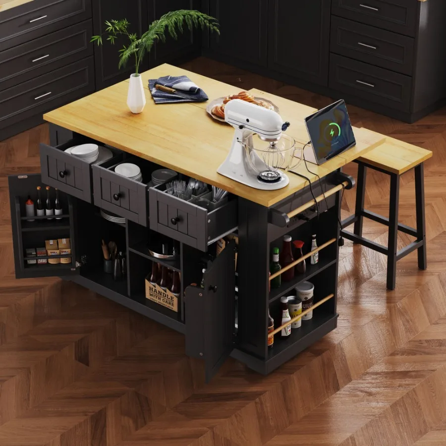 53 inch Large Kitchen Island with Drop Leaf Power Outlet Door Internal Storage Rack Rolling Kitchen Cart on 5 Wheels with 5 Ope
53 inch Large Kitchen Island with Drop Leaf Power Outlet Door Internal Storage Rack Rolling Kitchen Cart on 5 Wheels with 5 Ope