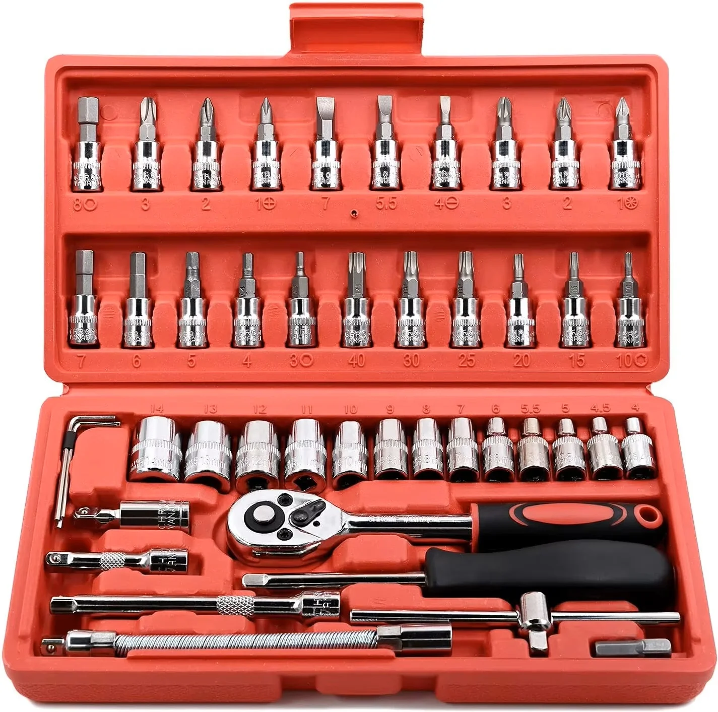 FOCSE 46 Pieces 1/4 Inch Drive Socket Ratchet Wrench Set, With Bit Socket Set, Metric And Extension Bar For Auto Repairing
FOCSE 46 Pieces 1/4 Inch Drive Socket Ratchet Wrench Set, With Bit Socket Set, Metric And Extension Bar For Auto Repairing