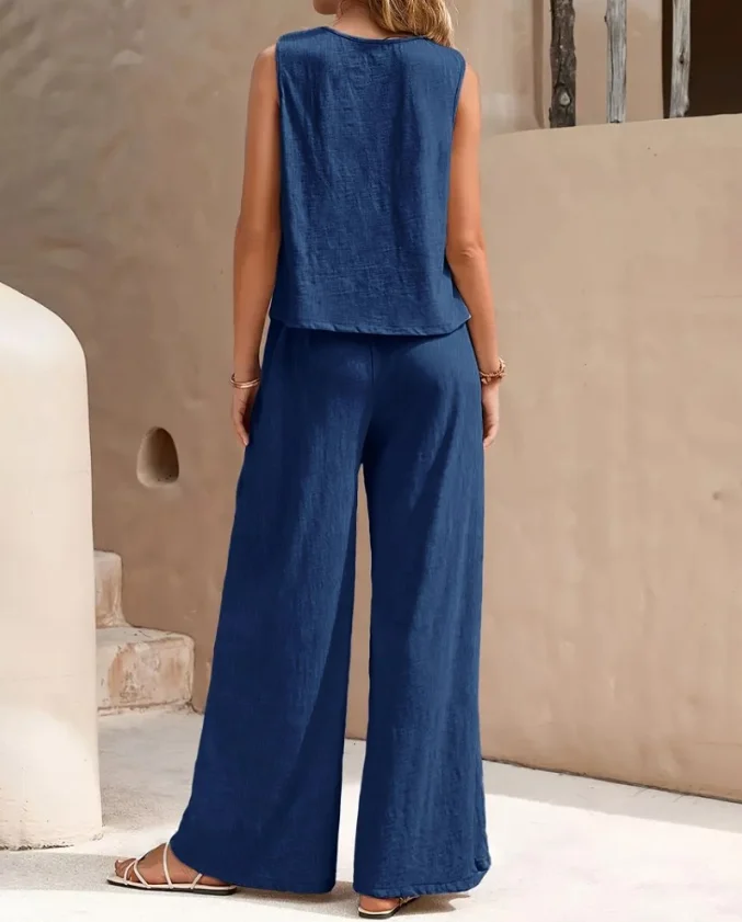 Women's Two-Piece Set Spring New Outfits Round Neck Sleeveless Tank and Casual Pocket Design Wide Leg Pants Set
Women's Two-Piece Set Spring New Outfits Round Neck Sleeveless Tank and Casual Pocket Design Wide Leg Pants Set