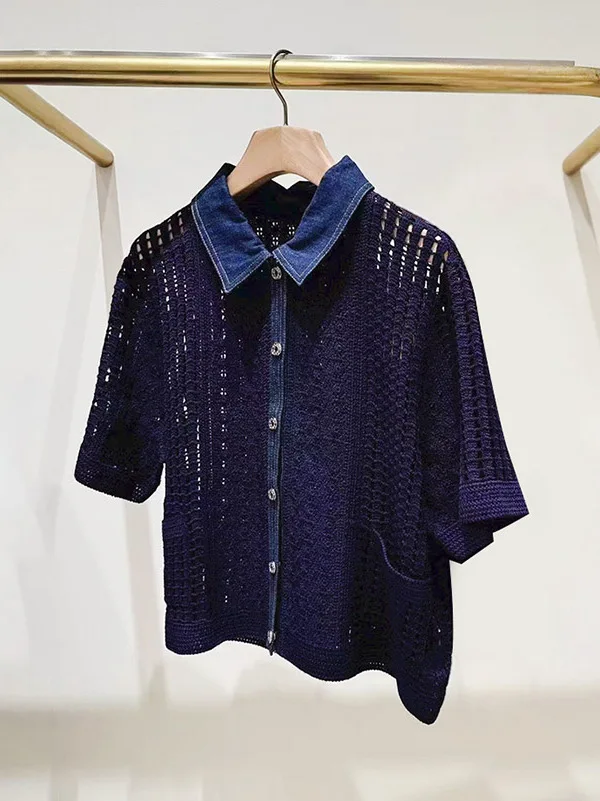 French Style Metal Buckle Hollow out Knitted Neck Top Deep Blue Summer New Arrival Women's Cotton Short Sleeve Cardigan
French Style Metal Buckle Hollow out Knitted Neck Top Deep Blue Summer New Arrival Women's Cotton Short Sleeve Cardigan