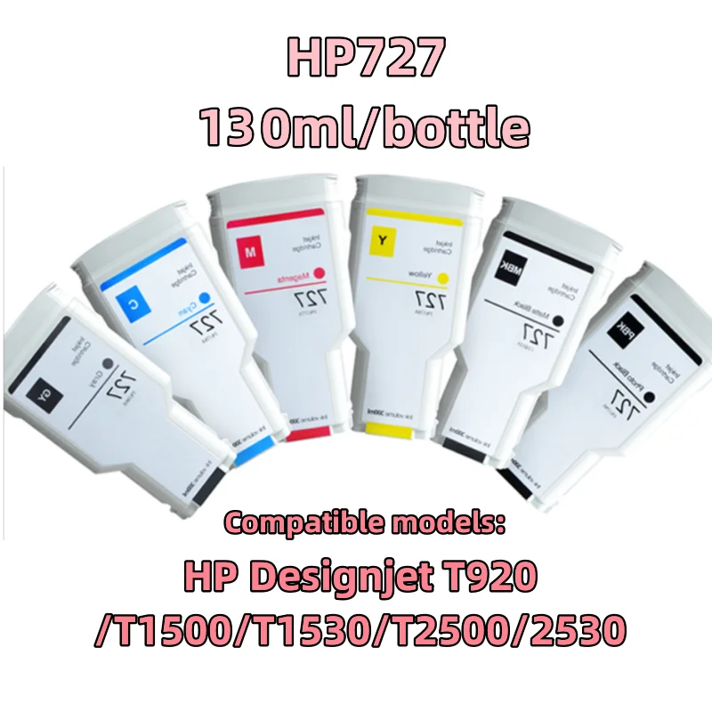 HP727 Ink Cartridge 6 Colors (MBK/CY/MG/YL/PBK/GY) Ink Pack Replacement for HP Designjet T920/T1500/T1530/T2500/2530
HP727 Ink Cartridge 6 Colors (MBK/CY/MG/YL/PBK/GY) Ink Pack Replacement for HP Designjet T920/T1500/T1530/T2500/2530