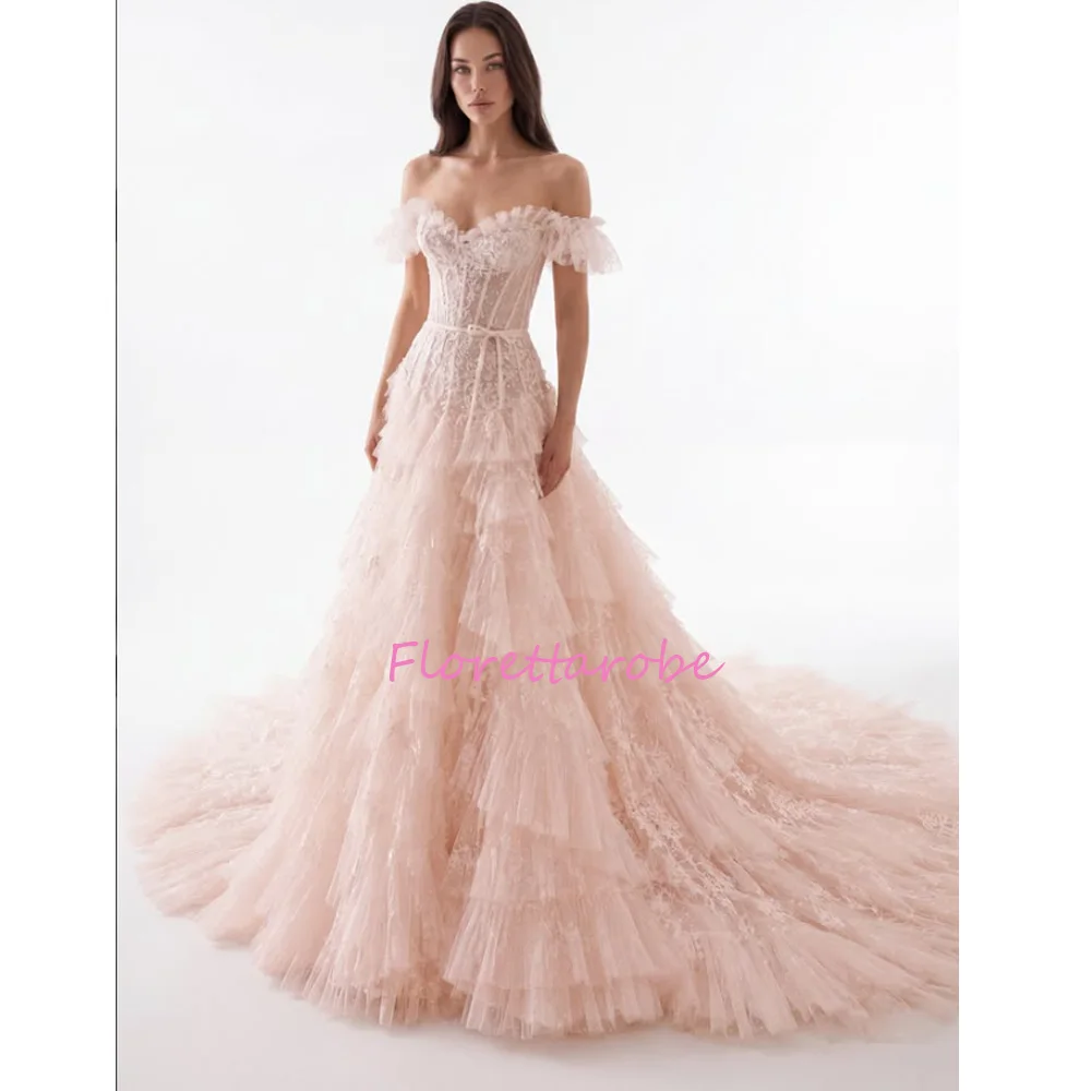 Customized Off The Shoulder Evening Dress Pink Sleeveless Corset Prom Gown Luxury Ruffled Tulle Tiered Lace Appliques Party Dres
Customized Off The Shoulder Evening Dress Pink Sleeveless Corset Prom Gown Luxury Ruffled Tulle Tiered Lace Appliques Party Dres