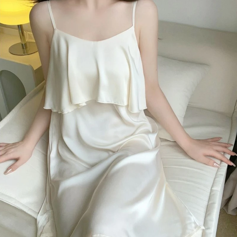 Тонкая ночная рубашка из искусственного шелка в стиле пэчворк, кружевная ночная рубашка для женщин, свободная одежда для сна без рукавов средней длины, домашняя одежда 
Тонкая ночная рубашка из искусственного шелка в стиле пэчворк, кружевная ночная рубашка для женщин, свободная одежда для сна без рукавов средней длины, домашняя одежда