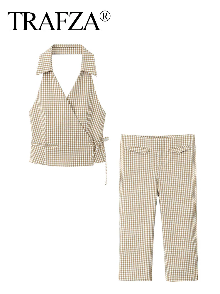 TRAFZA Summer Suits Woman Trendy Plaid Turn-Down Collar Sleeveless Backless Lace-Up Crop Top+Mid-Waist Pocket Knee Length Pant
TRAFZA Summer Suits Woman Trendy Plaid Turn-Down Collar Sleeveless Backless Lace-Up Crop Top+Mid-Waist Pocket Knee Length Pant