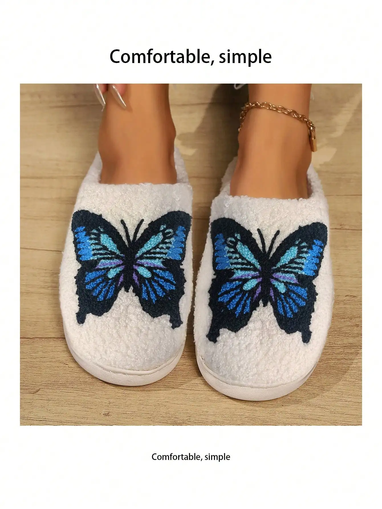 Ladies' Plush Slippers with Blue 3D Butterfly Embroidery, Fashion Warm Winter Home Comfortable Anti-Slip Soft Sole Slides
Ladies' Plush Slippers with Blue 3D Butterfly Embroidery, Fashion Warm Winter Home Comfortable Anti-Slip Soft Sole Slides