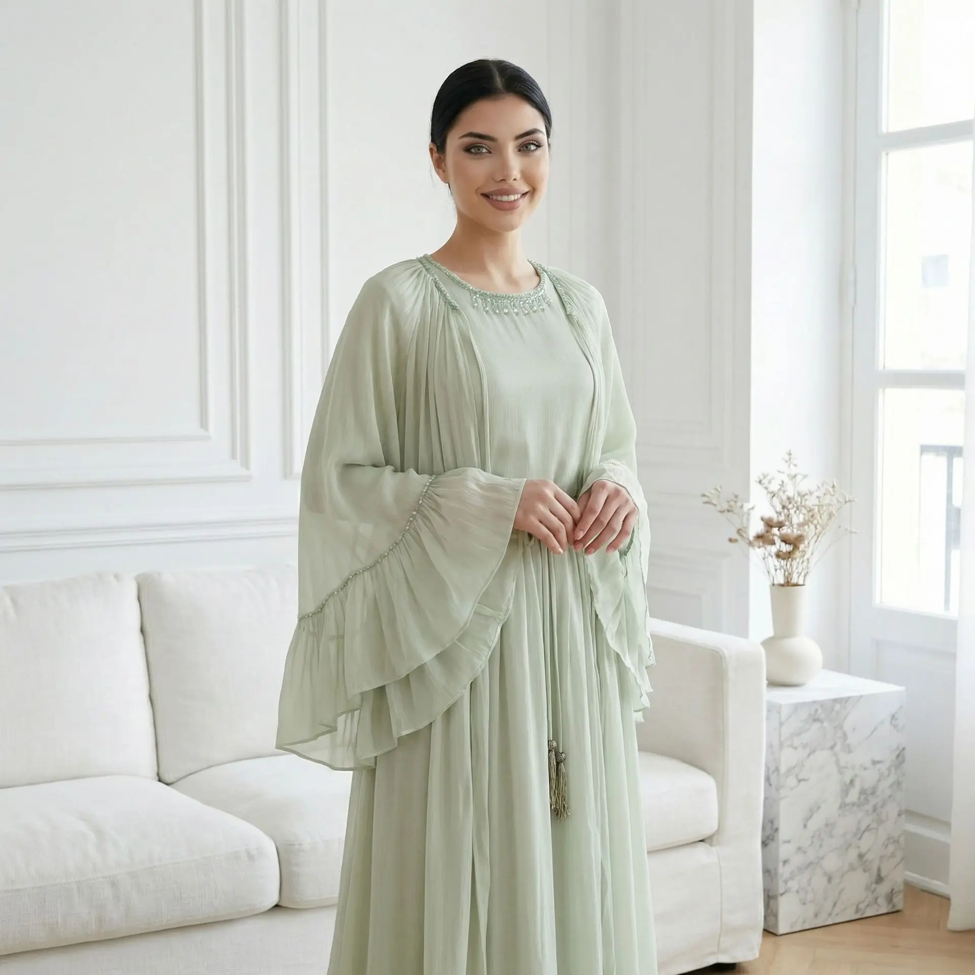 Fashion Muslim Women Ruffle Crepe Cloak Shawl Maxi Dress 2 Piece Set Dubai Abaya Turkey Kaftan Kebaya Kimono Jalabiya Femme Robe
Fashion Muslim Women Ruffle Crepe Cloak Shawl Maxi Dress 2 Piece Set Dubai Abaya Turkey Kaftan Kebaya Kimono Jalabiya Femme Robe